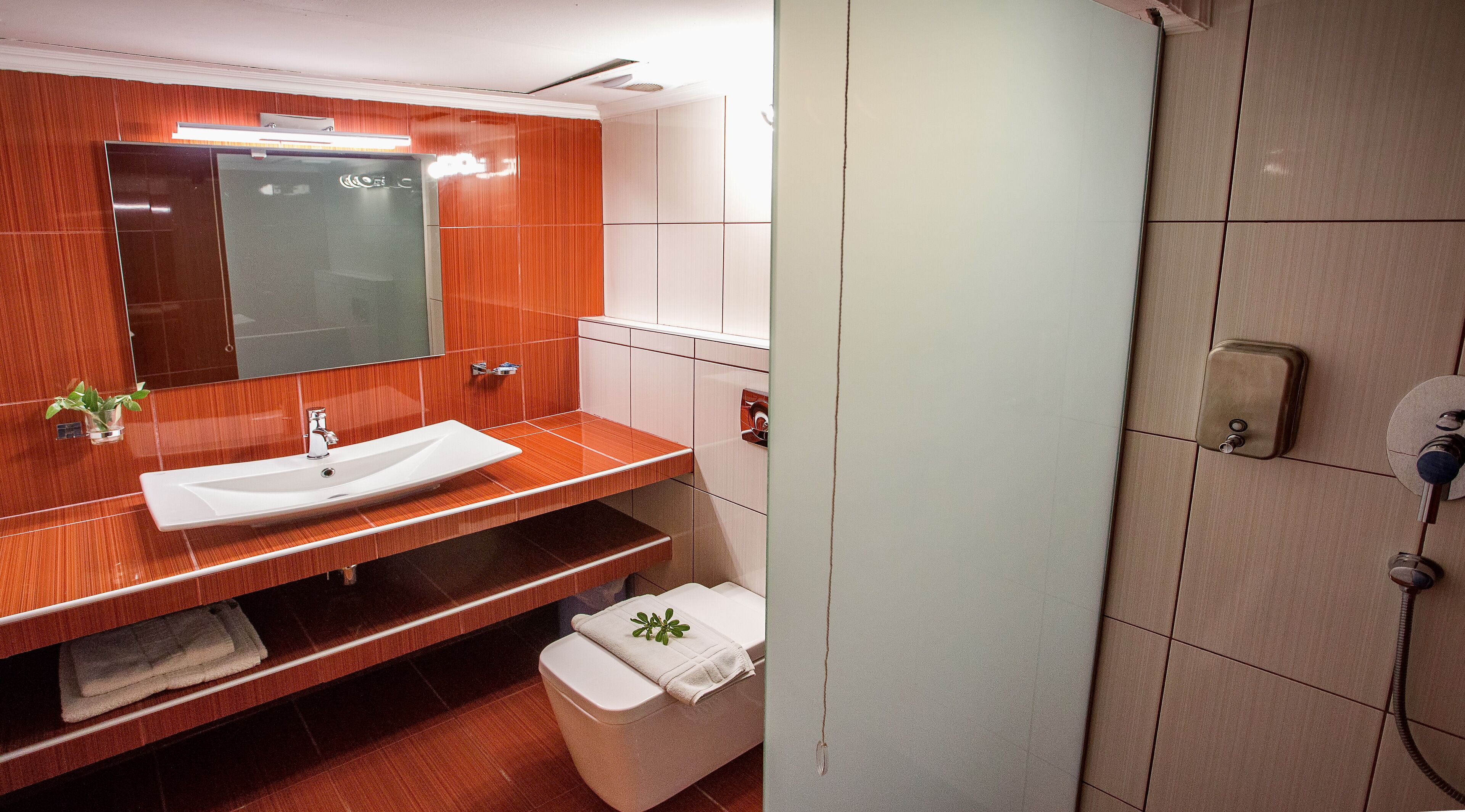 Un baño moderno con un espejo grande, un lavabo y una zona de ducha.