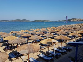 在海滩、沙滩椅、海滩遮阳伞、沙滩毛巾