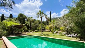 A rectangular swimming pool with a clear blue water surface, surrounded by a well-maintained lawn and various trees.