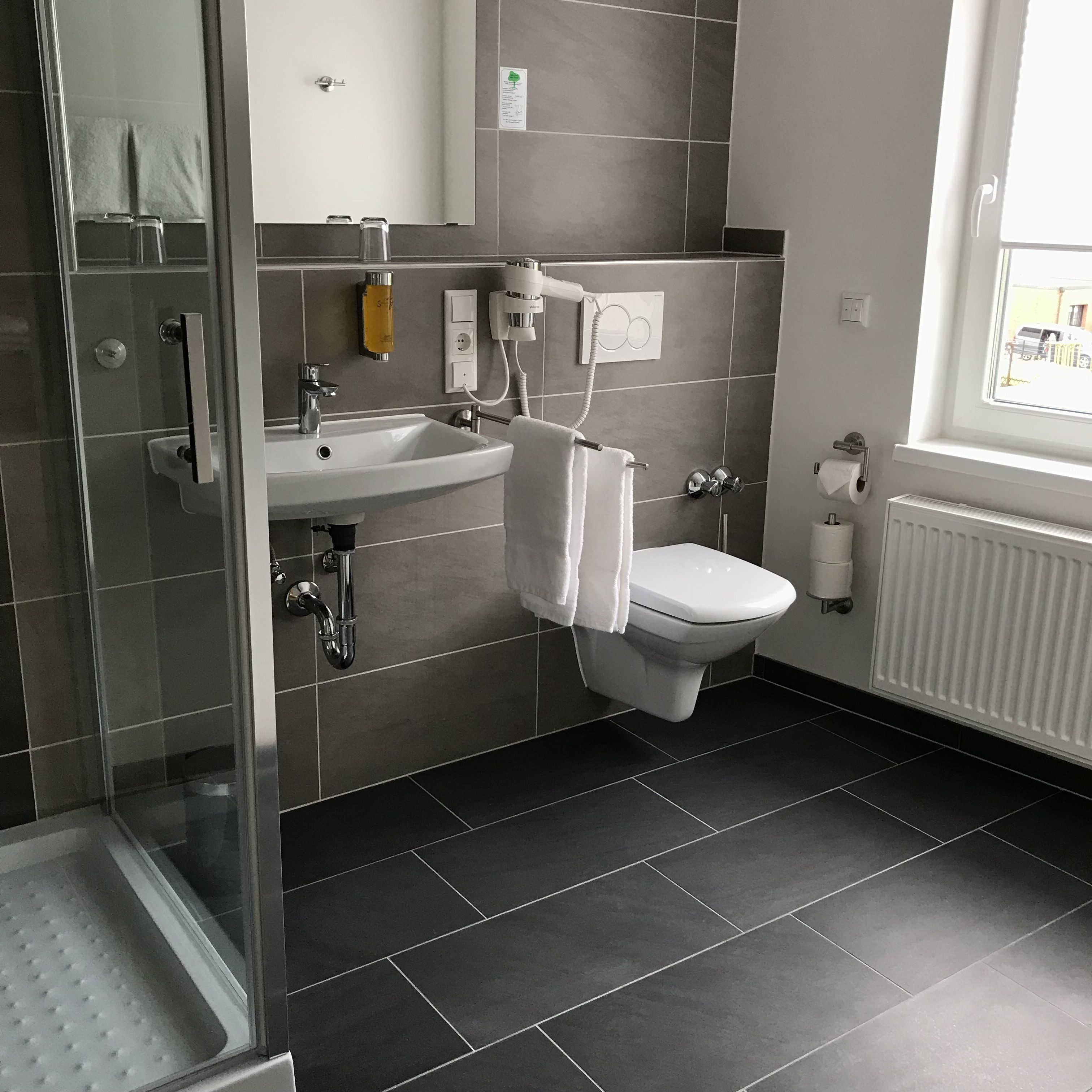 shower, free toiletries, hair dryer, towels