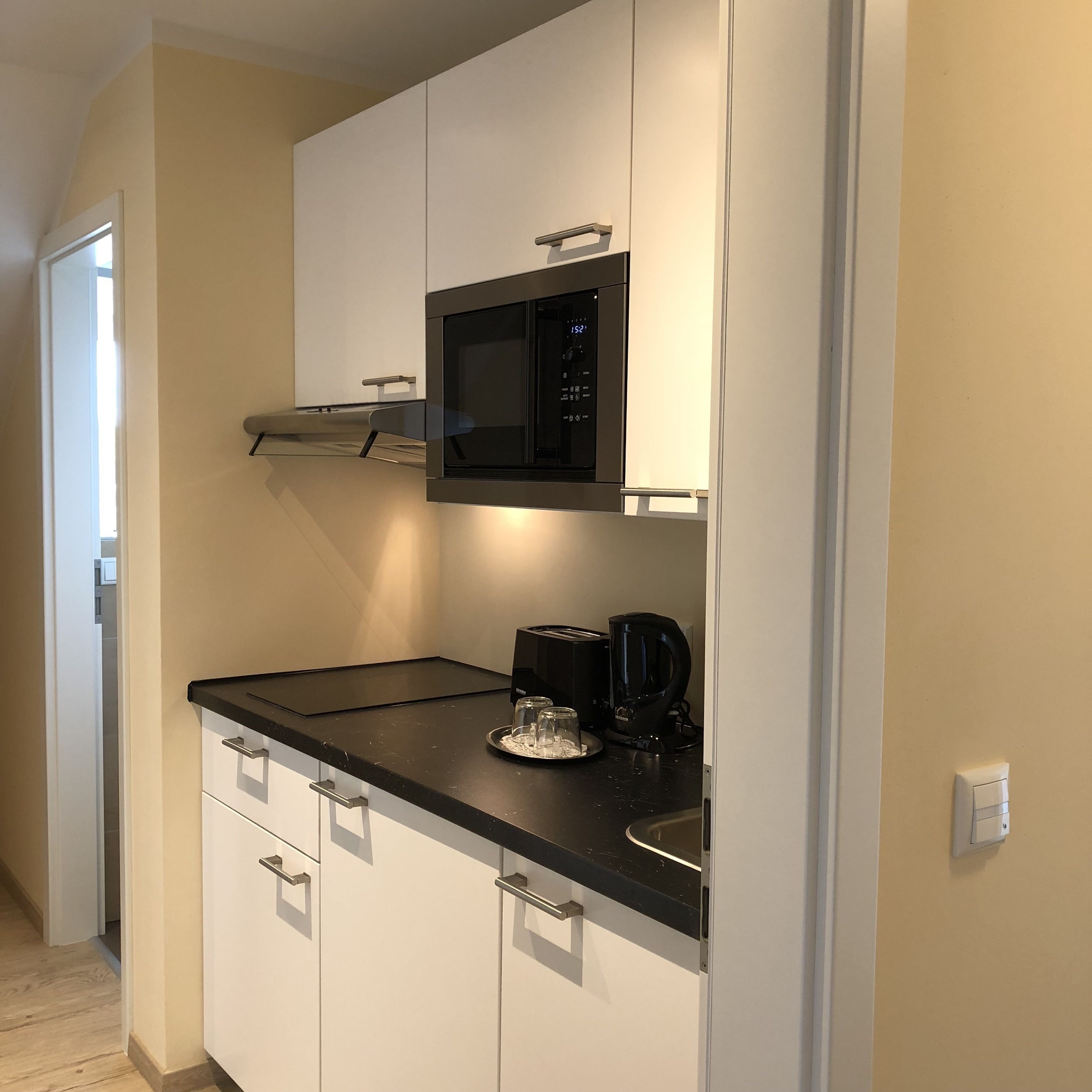 fridge, microwave, coffee/tea maker, electric kettle