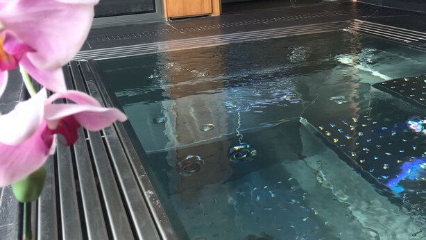 A modern indoor pool area with clear water, wooden paneling, and a potted orchid. - Hotel Castellote (Castellote)