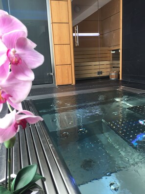 A modern indoor pool area with clear water, wooden paneling, and a potted orchid. - Hotel Castellote (Castellote)