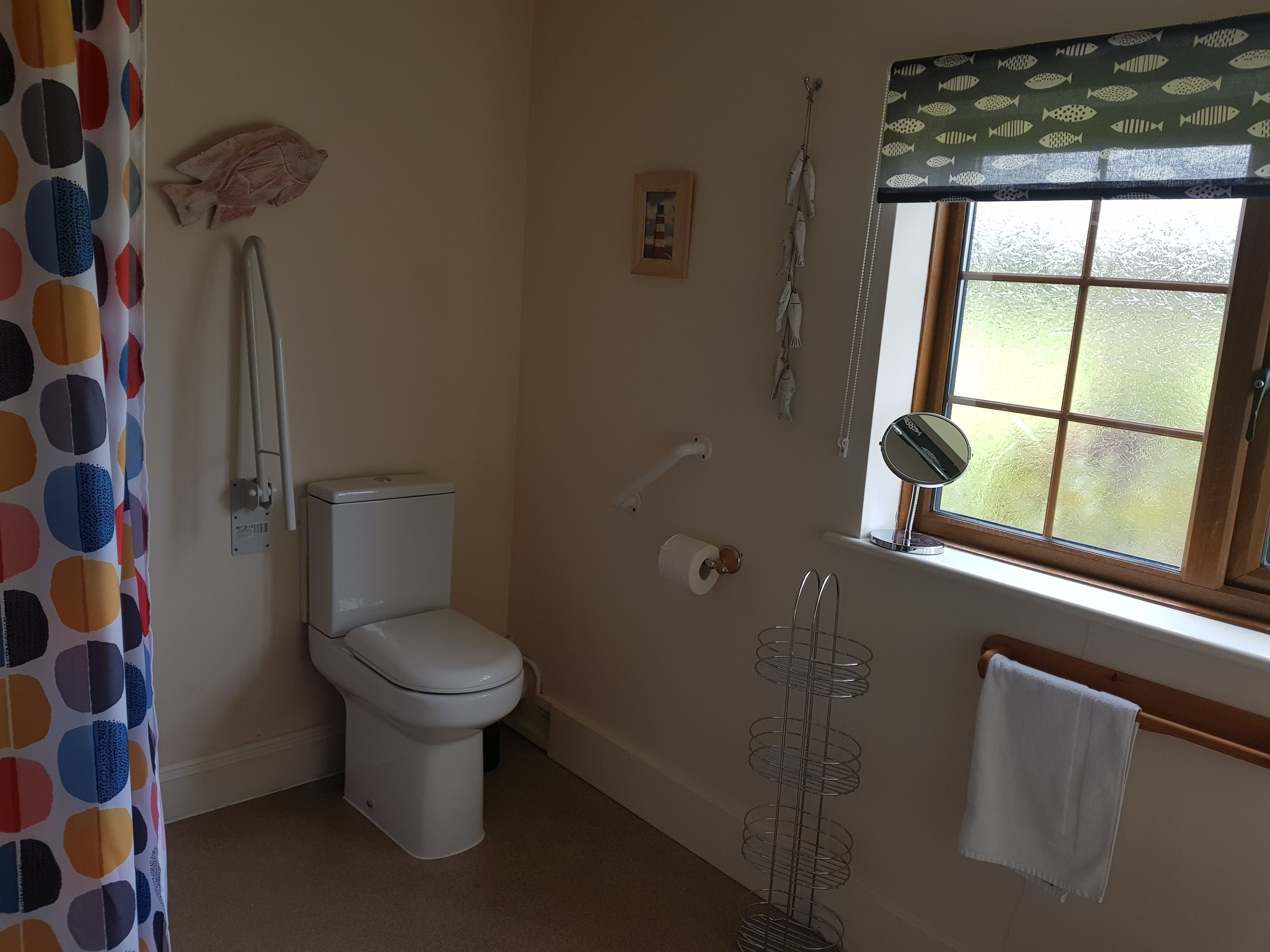 A bathroom with a toilet, a towel rack, a shower curtain, a window with a view, and a mirror.