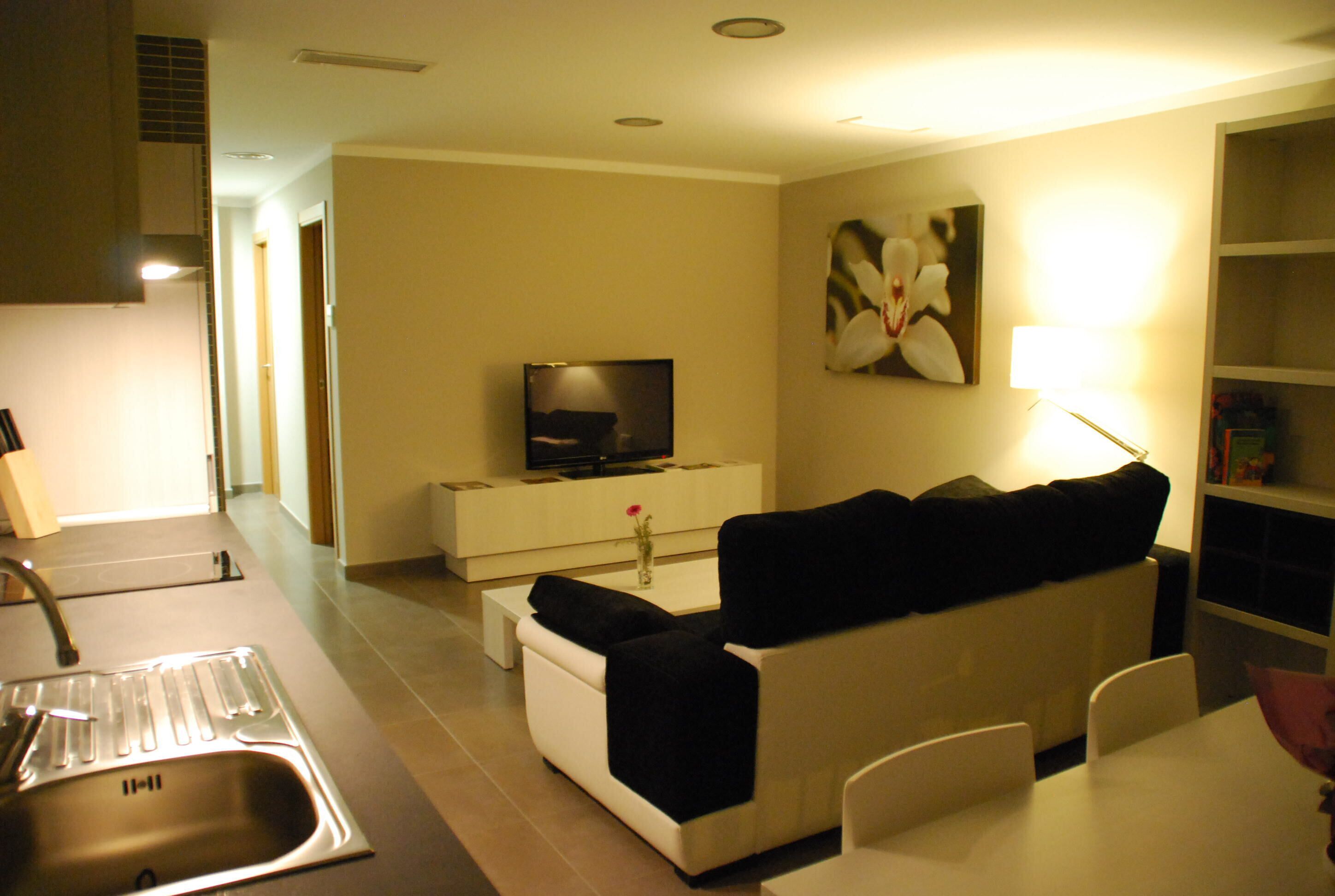 A modern living room with a sofa, a TV, a coffee table, and a dining area with a table and chairs.