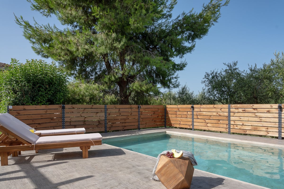 A poolside area with two lounge chairs, a wooden fence, and a large tree in the background.