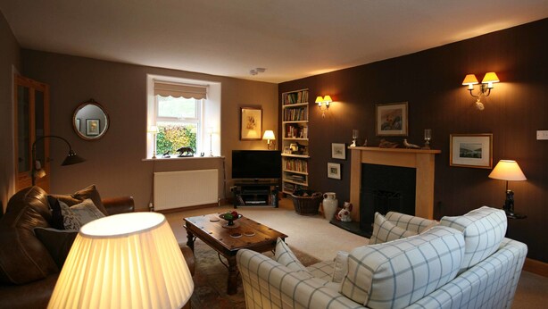 A cozy living room with a fireplace, a bookshelf, a sofa, and a coffee table. - Shian Cottage B&B (Dunkeld)