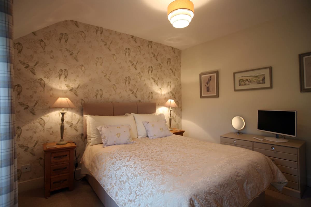 Un dormitorio con una cama, dos lámparas de noche, un televisor y cuadros en la pared.