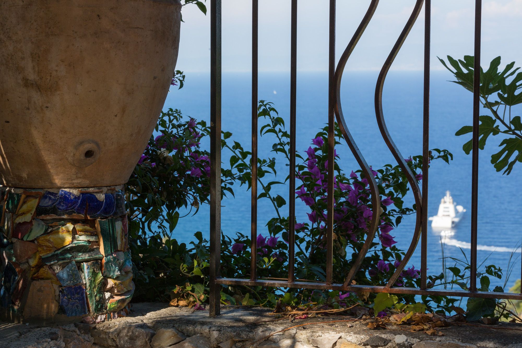 A coastal view with a metal fence, a large terracotta pot, and various plants.