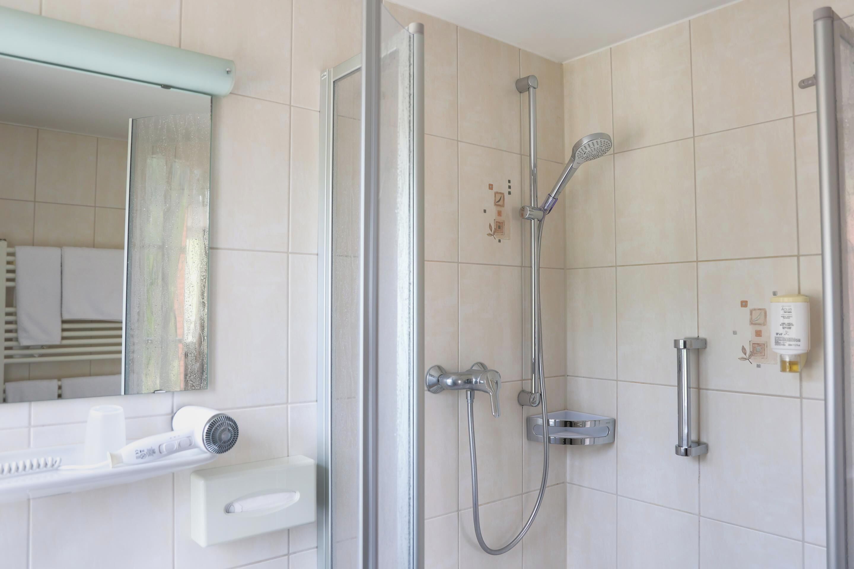 Een moderne badkamer met een glazen douchecabine, een handdouche, een wandmengkraan en een handdoekhouder.