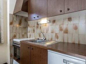 A compact kitchen with a sink, stove, and dishwasher, featuring wooden cabinets and patterned backsplash tiles.