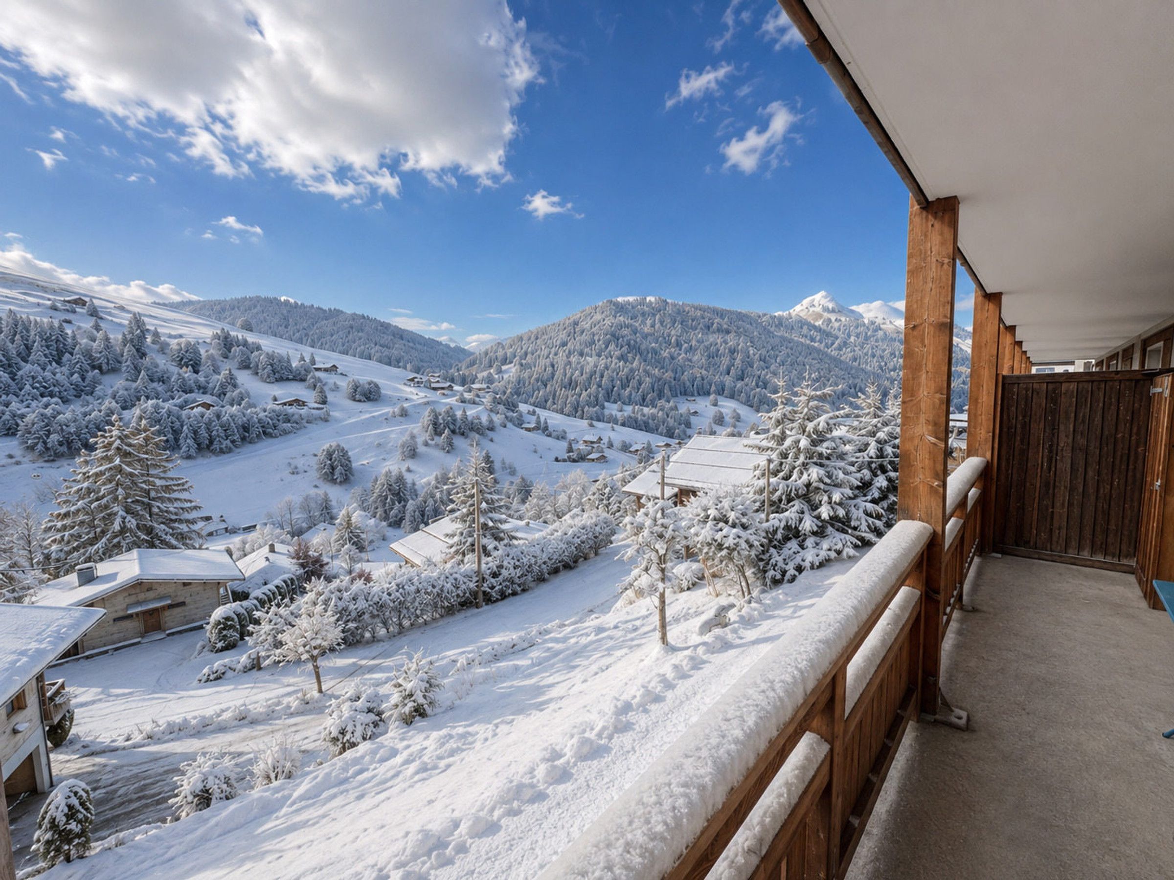 A snow-covered landscape with a wooden balcony overlooking a valley.
