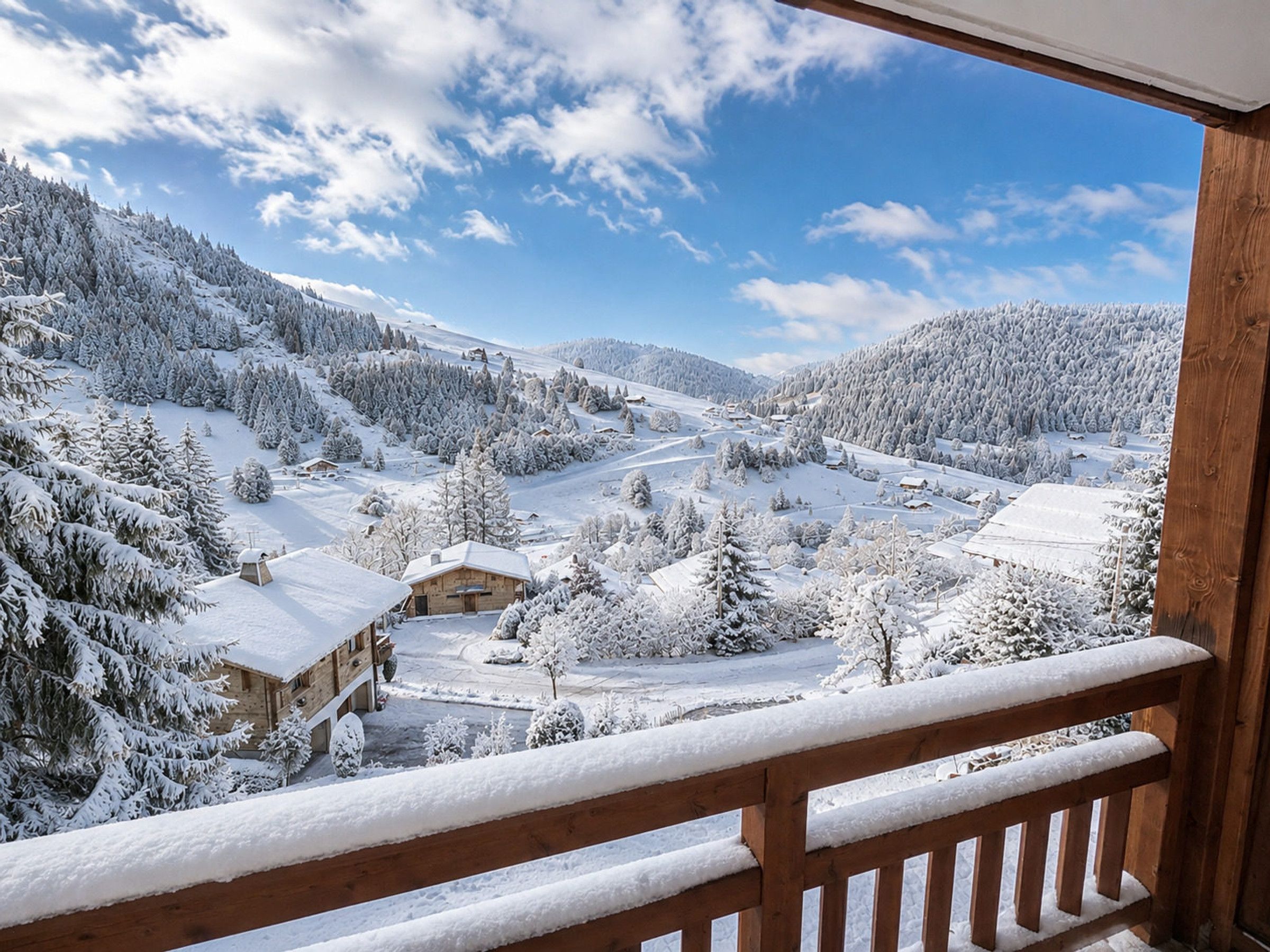 Un paisaje montañoso nevado con una cabaña de madera y barandilla de balcón de madera.