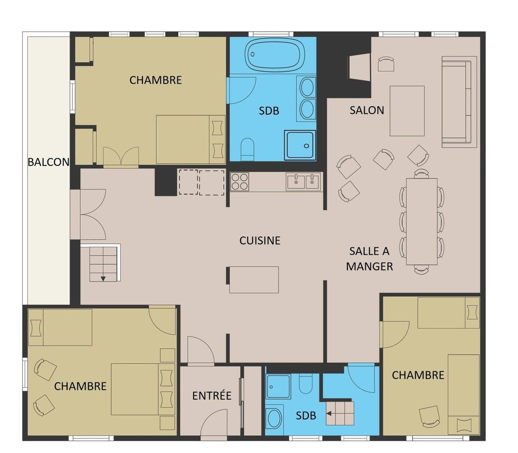 Distribución de un hotel con varias habitaciones, cocina, comedor, baño y salón.