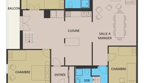 Distribución de un hotel con varias habitaciones, cocina, comedor, baño y salón.