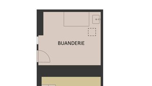 Plano de planta que muestra un dormitorio, un baño y un área de almacenamiento.