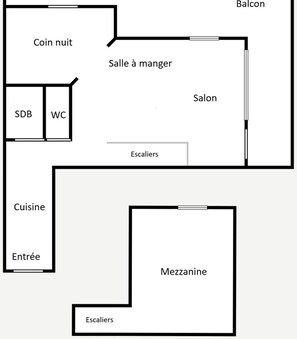A hotel layout with a balcony, ensuite bathroom, kitchen, and mezzanine. - 3*** Studio by slopes, fireplace, pets allowed, garage (La Clusaz)