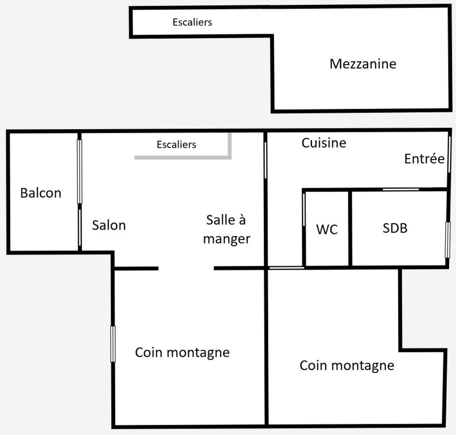Distribución de un hotel con balcón, salón, espacio para monedas, entrepiso, cocina, inodoro, baño y entrada.