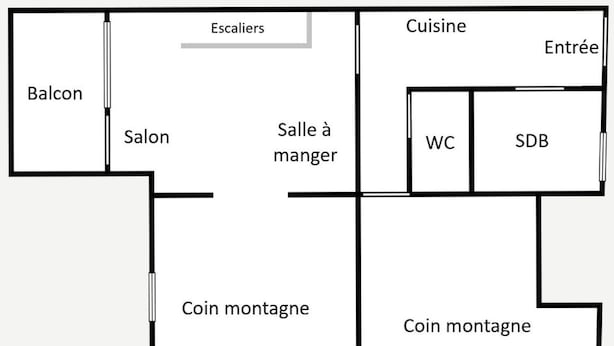 A hotel layout with a balcony, salon, coin storage, mezzanine, kitchen, WC, SDB, and entrance.