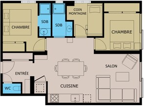 A hotel layout with two bedrooms, a bathroom, a kitchen, a dining area, a living room, and a bathroom.