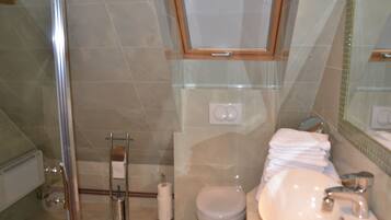 Un baño con cabina de ducha de vidrio, inodoro, lavamanos con espejo y toallero.