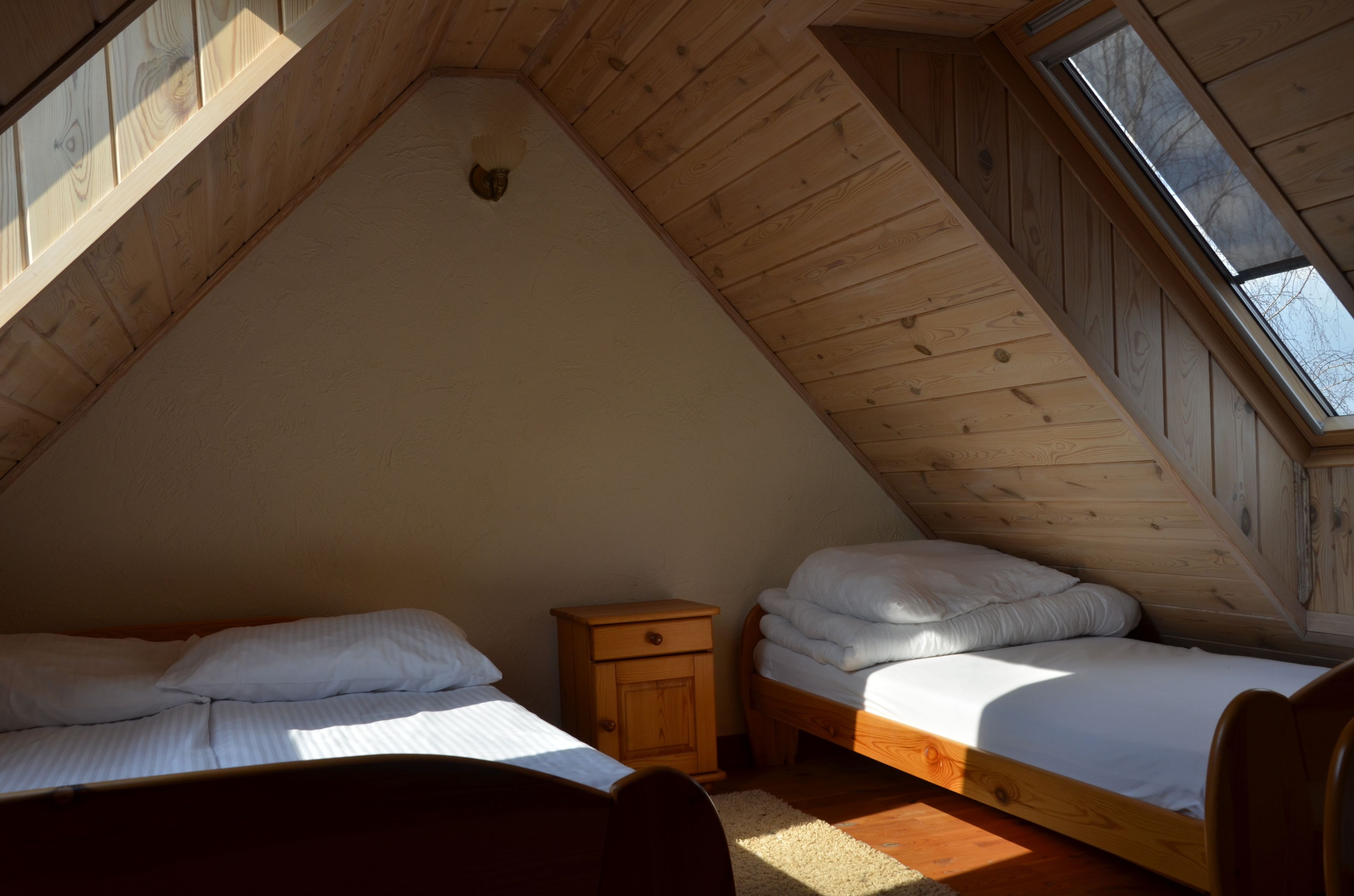 A small attic bedroom with two beds, wooden walls, and a skylight.