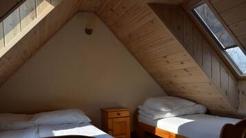 A small attic bedroom with two beds, wooden walls, and a skylight.