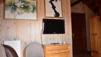 A wooden-paneled room with a flat-screen TV mounted on the wall, a wooden cabinet, and a chair.