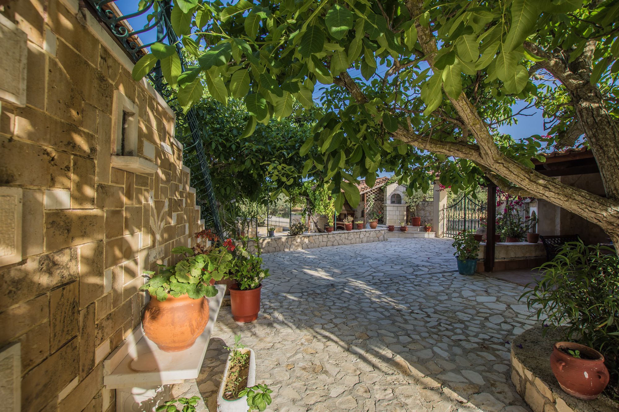 A courtyard with stone paving, potted plants, and a stone wall.