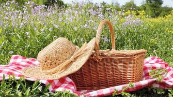 Een rieten picknickmand met handvat en een strohoed, geplaatst op een geruit kleed in een bloemenveld.