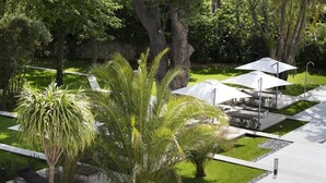 A landscaped garden with palm trees, a paved walkway, and outdoor seating areas. - Château Autignac (Autignac)