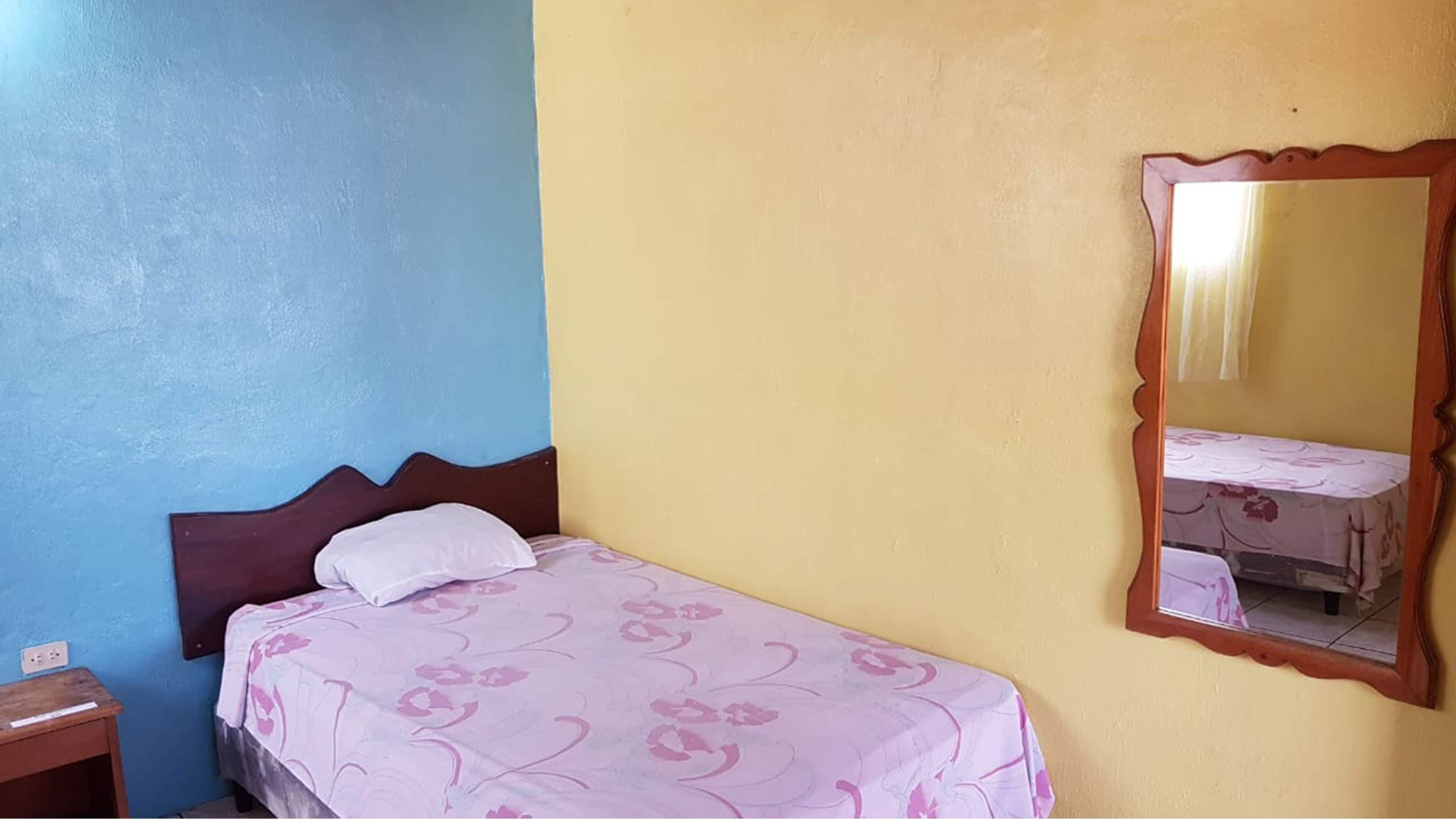 Una habitación pequeña con cama individual, cabecero de madera, mesita de noche y espejo en la pared.