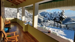 Une pièce dotée d’un plancher en bois, offrant une vue sur des montagnes enneigées, et un balcon agrémenté de chaises et de plantes en pot.