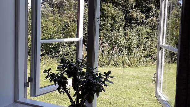 An open window with a view of a grassy yard and trees. - Hostel Rudbøl (Højer)