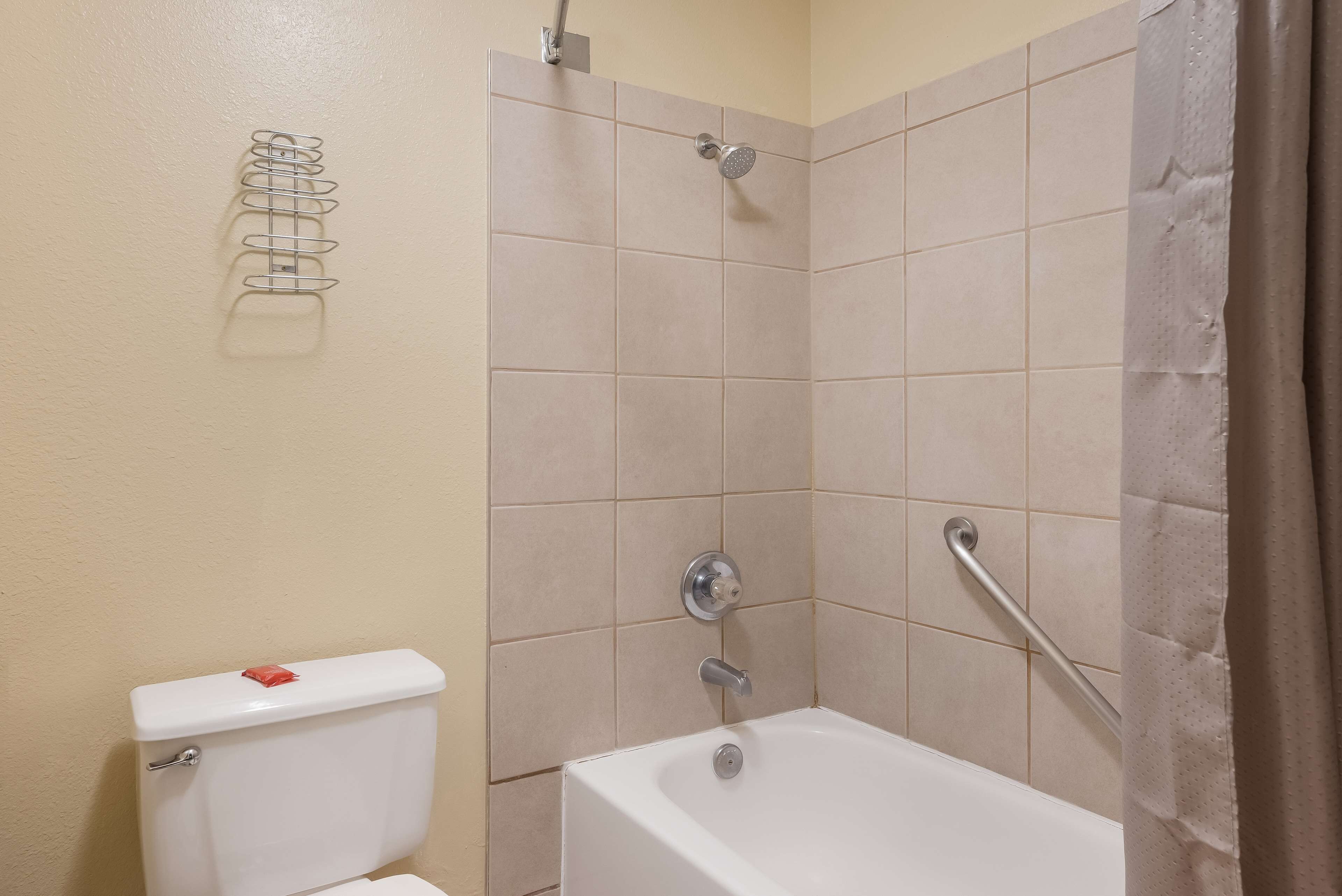 A bathroom with a toilet, a bathtub, and a shower.