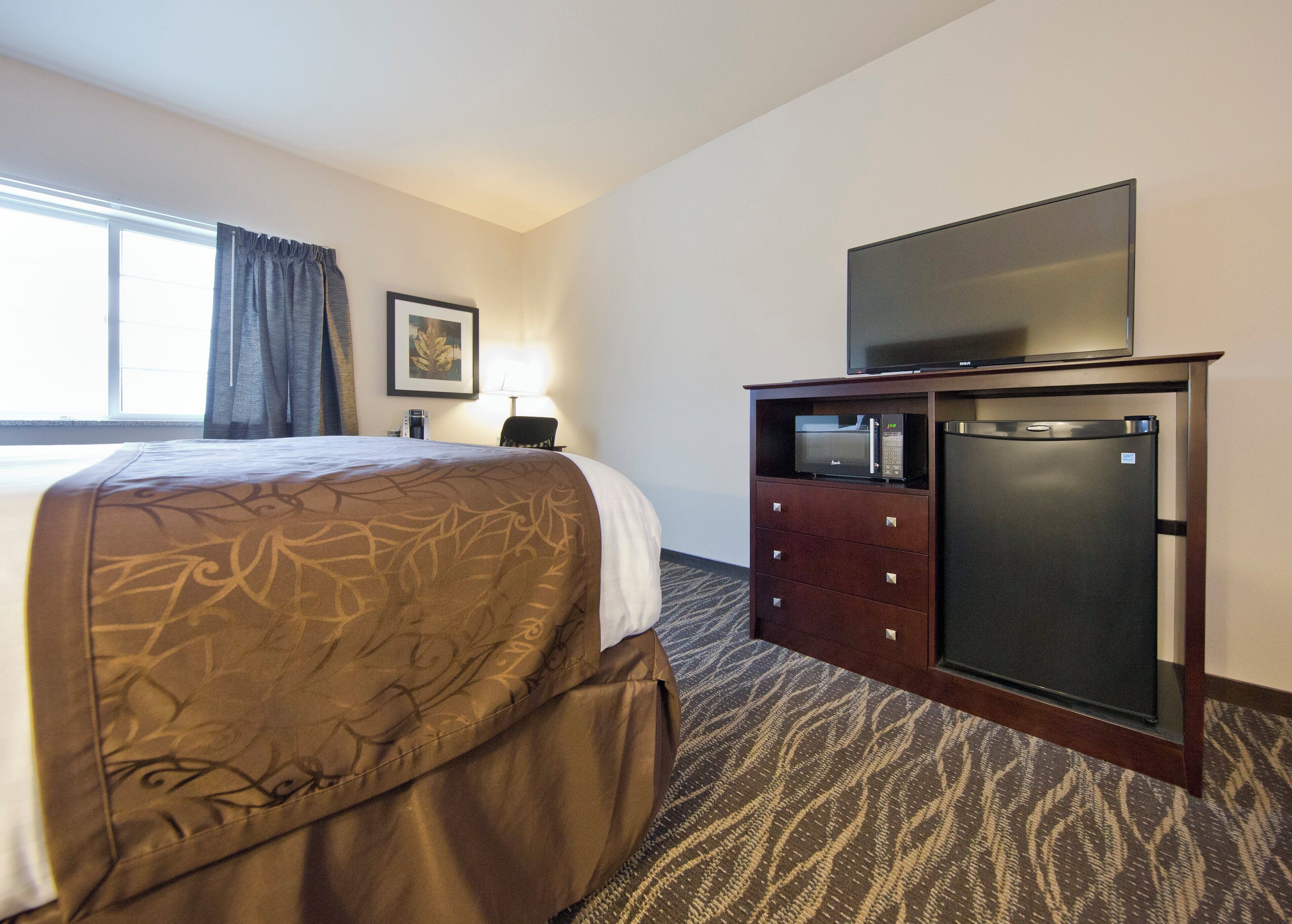A hotel room with a bed, a television on a cabinet, and a microwave.
