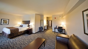 Quarto de hotel com cama, mesas de cabeceira, escrivaninha, cadeira, sofá e piso coberto por carpete.