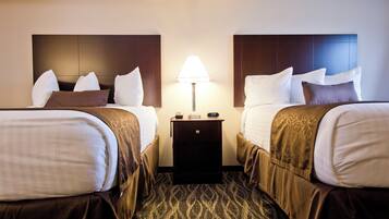 Premium bedding, pillowtop beds, desk, laptop workspace