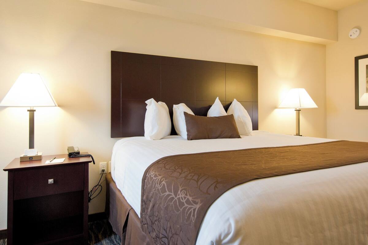 A hotel room with a large bed, two bedside lamps, a nightstand with a telephone, and a wall clock.