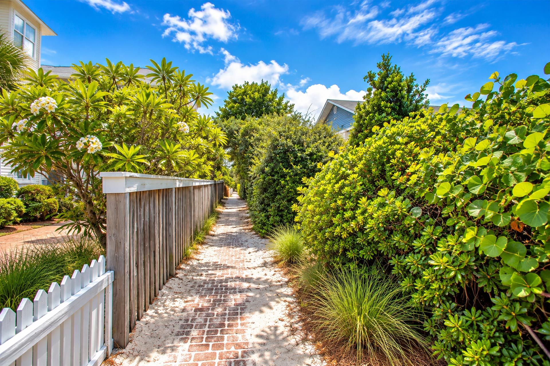 A pathway flanked by lush greenery and a wooden fence, leading to a building with a white facade.
