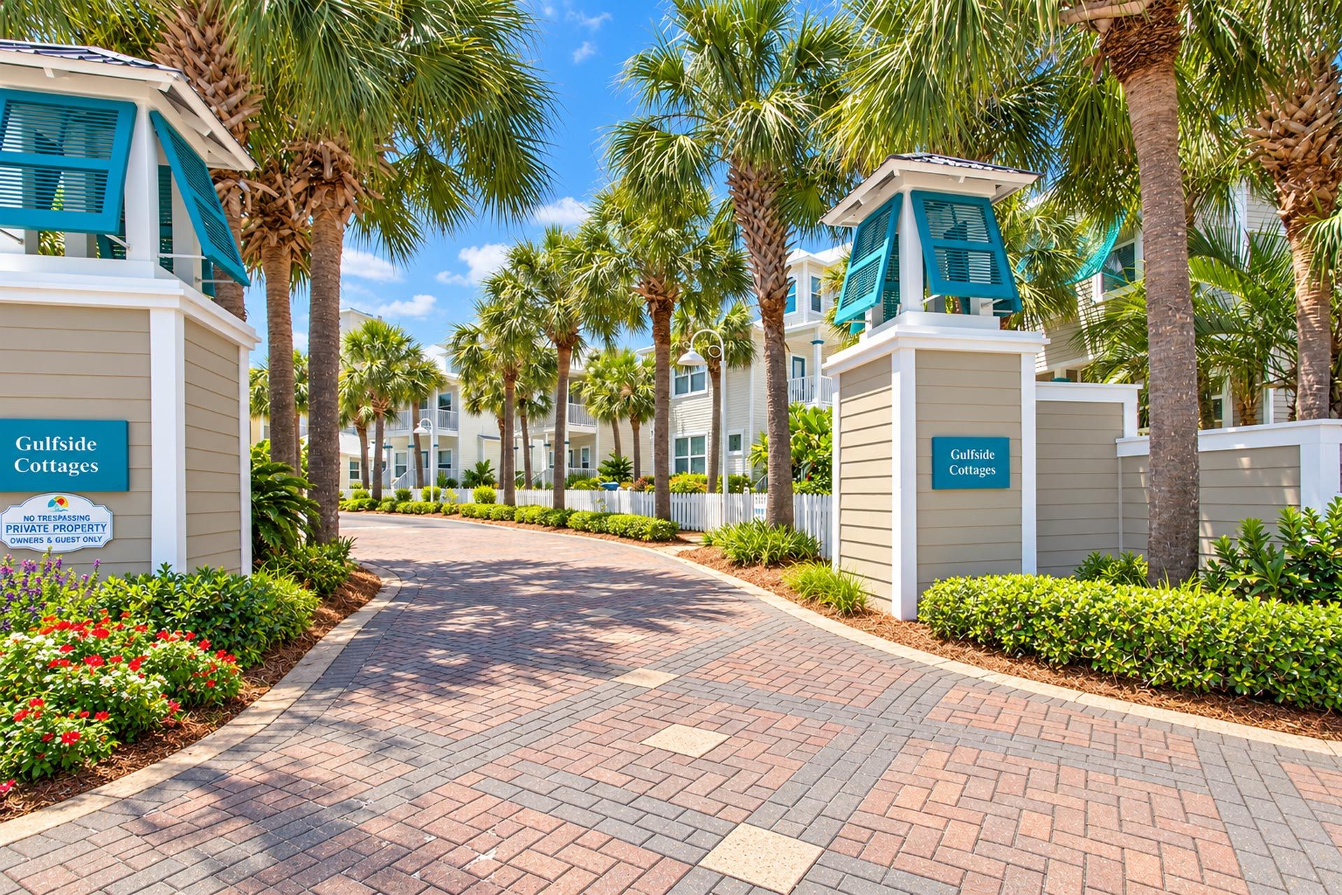 A pathway leading to a row of Gulfside Cottages with a white fence and palm trees.