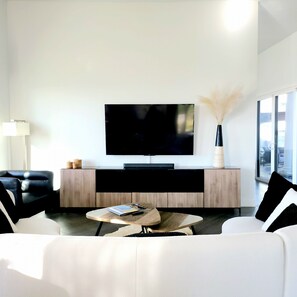Smart TV, fireplace, video games, DVD player