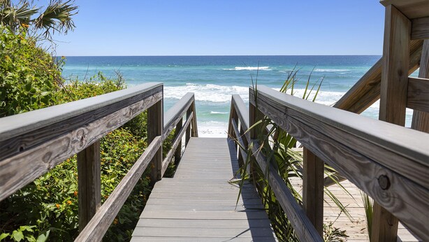A wooden boardwalk leading to a beach with ocean views. - Pelican Place - 30A, Seagrove Beach, Heated Saltwater Pool, Deeded Beach Access! (Santa Rosa Beach)