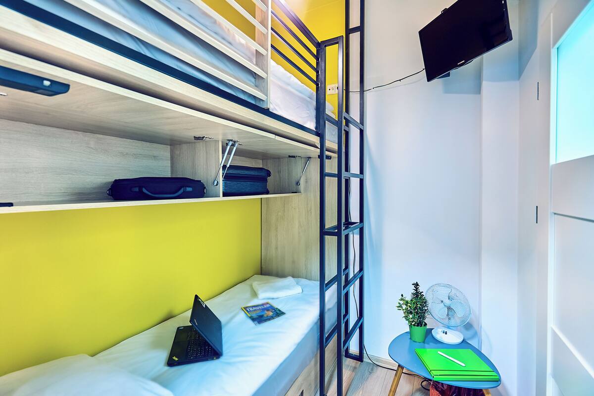 A bunk bed room with a laptop, a book, a fan, and a small table with a plant.