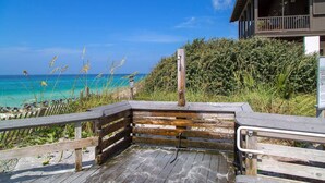A wooden deck leading to a beach with a clear view of the ocean. - Sandy By The Sea - Blue Mountain Beach! Gulf View! Private Pool! Pet Friendly! (Santa Rosa Beach)