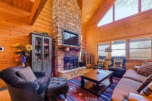 Smart TV, fireplace, books