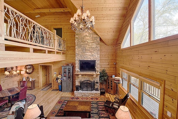Smart TV, chimenea, libros