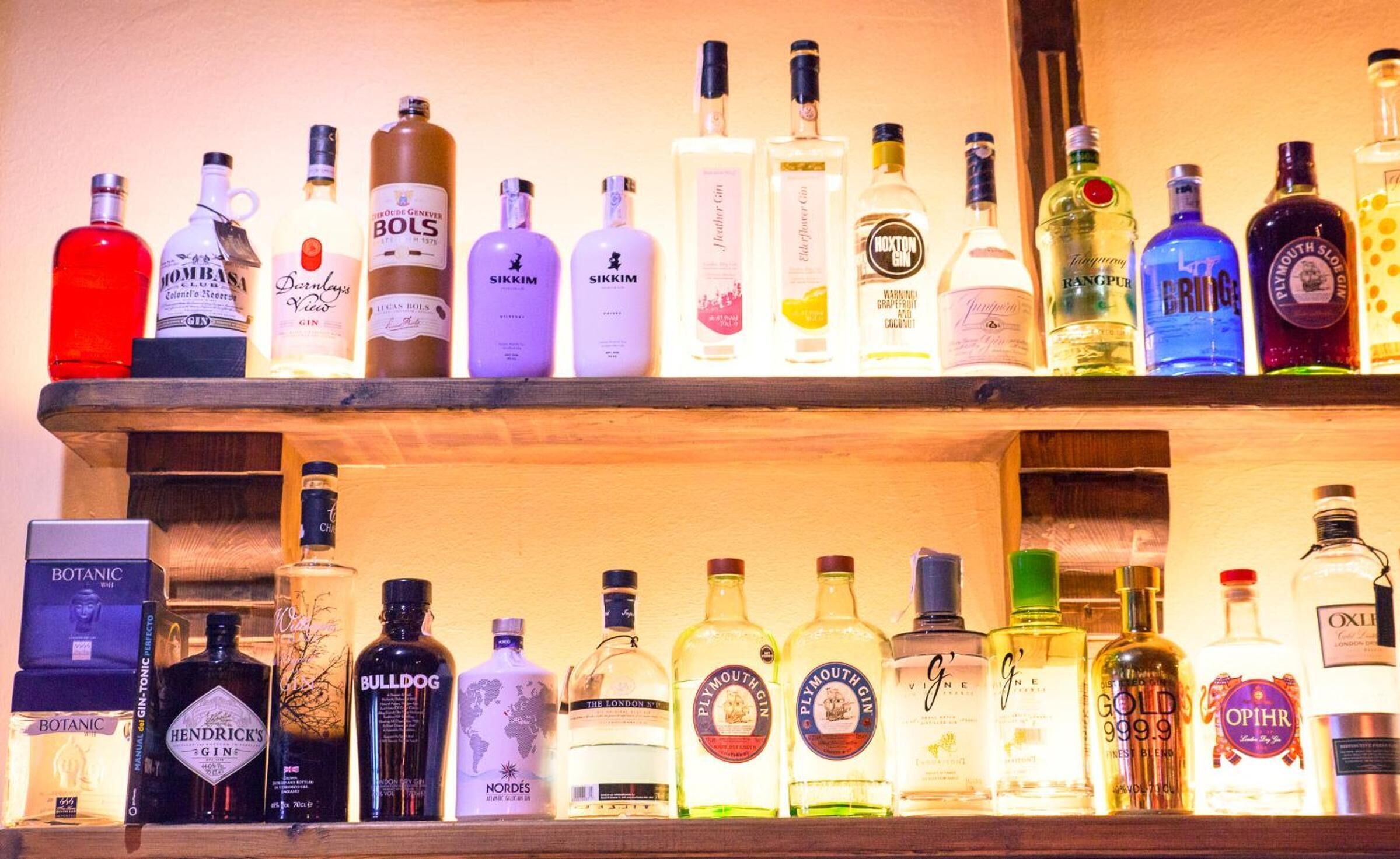 Una estantería de bar llena de diversas botellas de ginebra y otras licores.