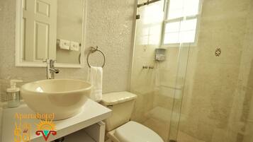A bathroom with a large white sink, a toilet, a glass shower enclosure, and a mirror above the sink.