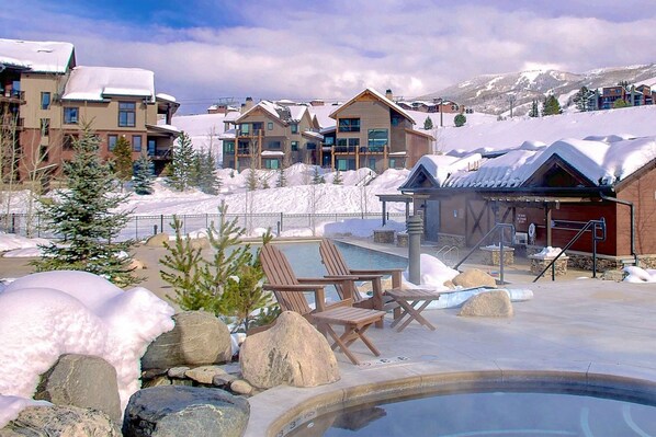A heated pool - Full-Amenity Mountain Retreat with Heated Pool, Hot Tubs & Private Gondola | Elevators, W/D in Unit (Steamboat Springs)